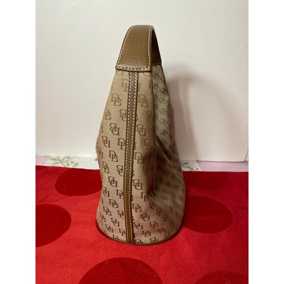 Dooney & Bourke Tan Brown Logo Print Mini Bucket Bag Purse 6x8 in Zipper fob EUC - Picture 2 of 15